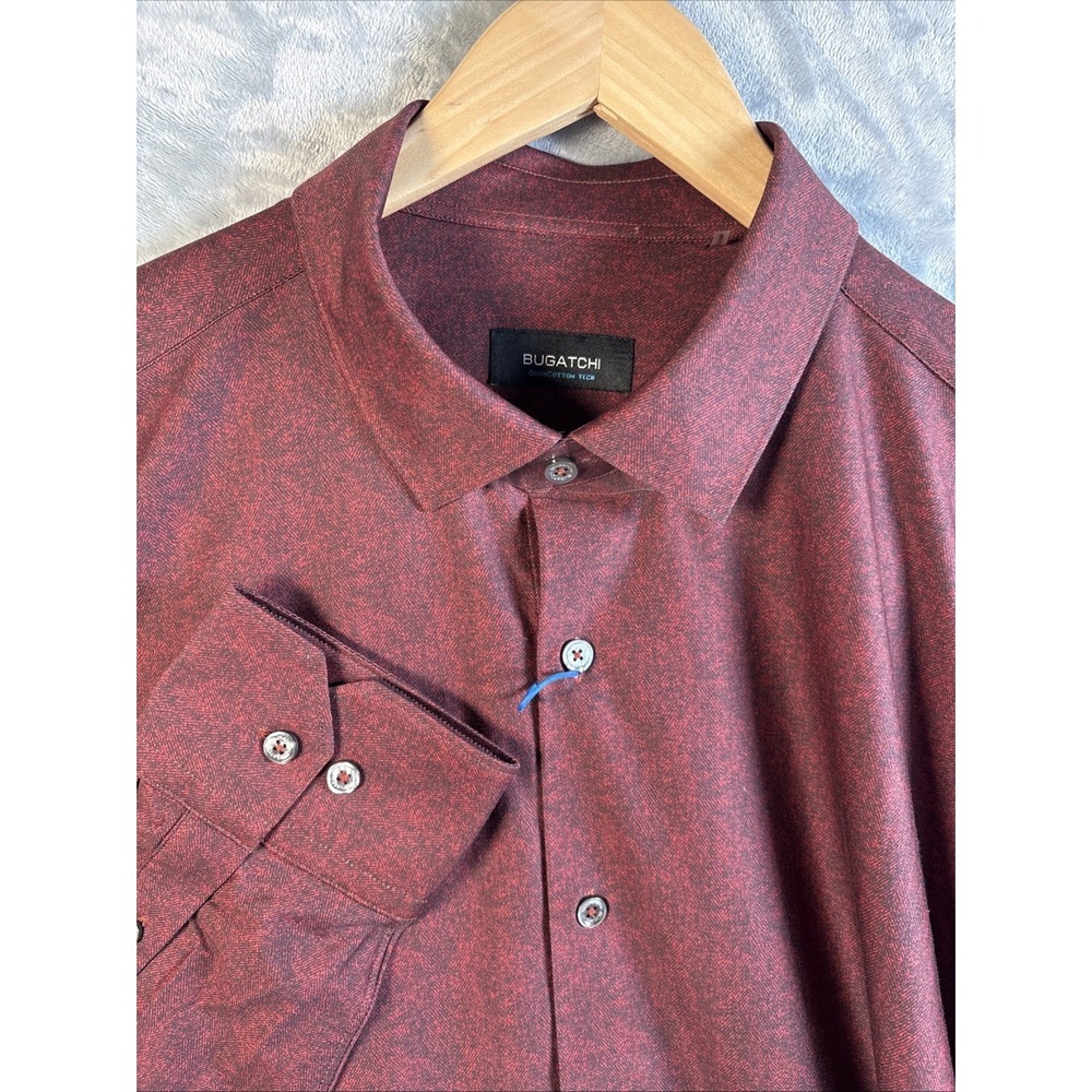 Bugatchi Shirt Mens Large Tall Red Black OoohCotton Tech Stretch Performance
